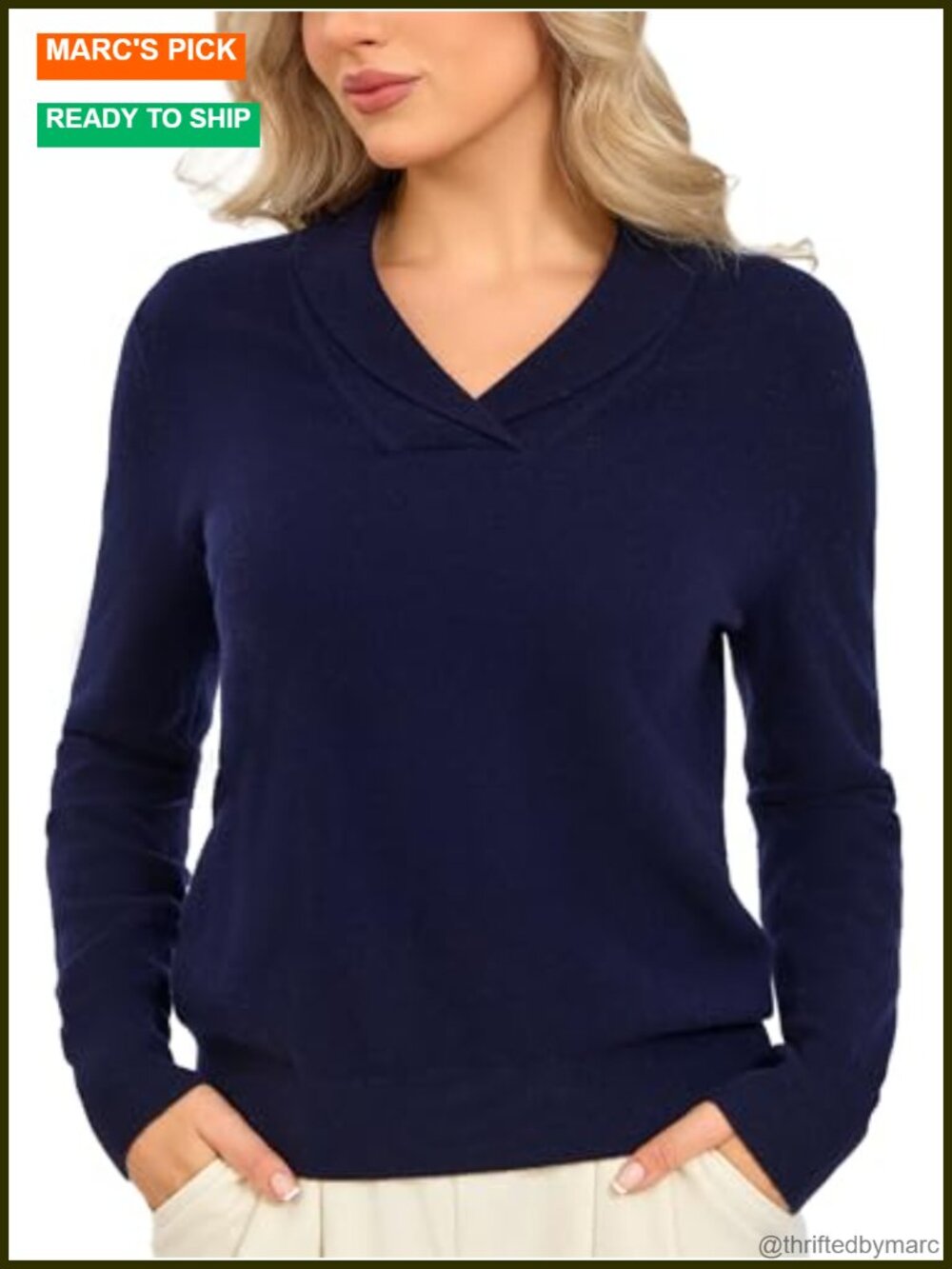 100% Merino Wool Sweater Women V Neck Shawl Collar Pullover Slim Fit
